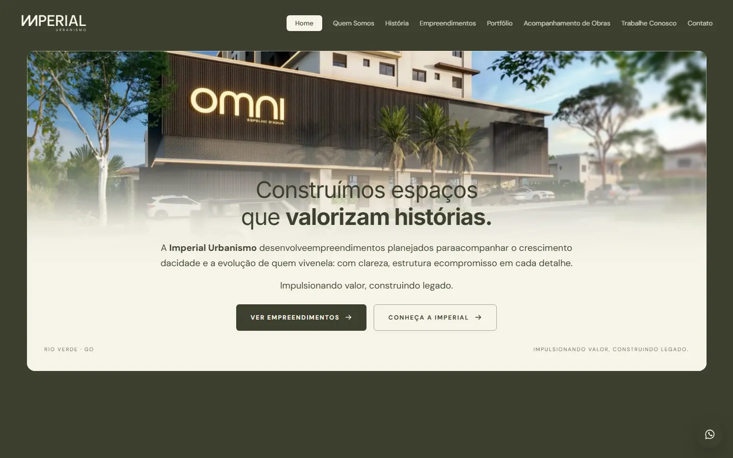 Página inicial do site da Imperial Urbanismo, com a fachada do OMNI Espelho D’Água