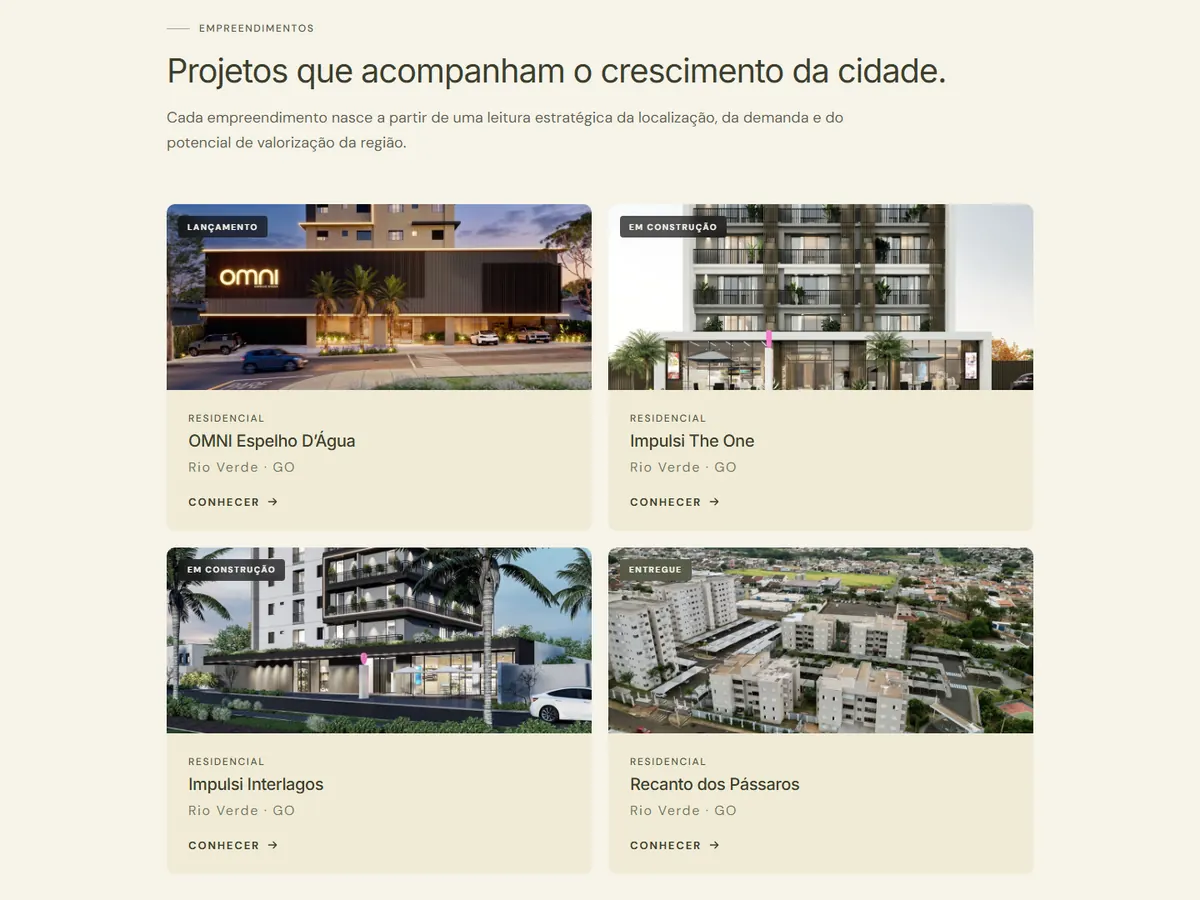 Os empreendimentos na página inicial