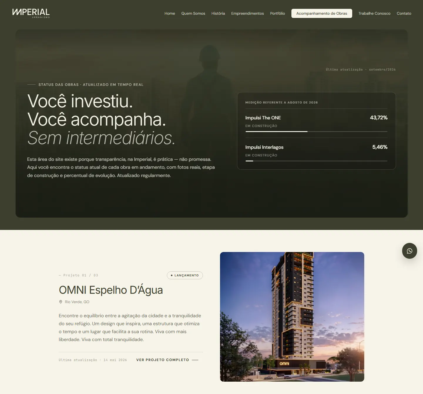 Acompanhamento de obras: o percentual de cada empreendimento, com a data da medição