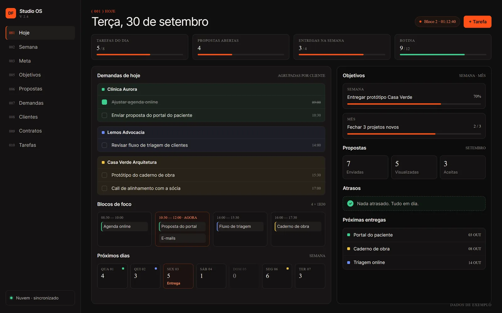 DF Studio OS Today screen with tasks by client, focus blocks and goals (sample data)