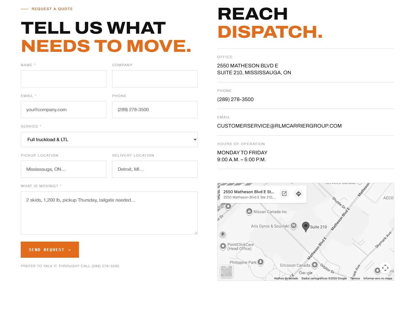 Pedido de cotação com rota, carga e data, e o mapa da central